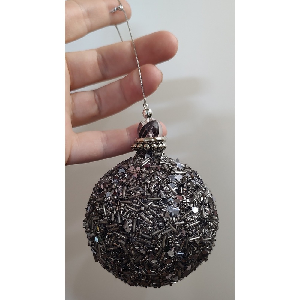 Art Deco Style Silver Beaded Christmas Ornament Sequins Gun Metal Gray A7
